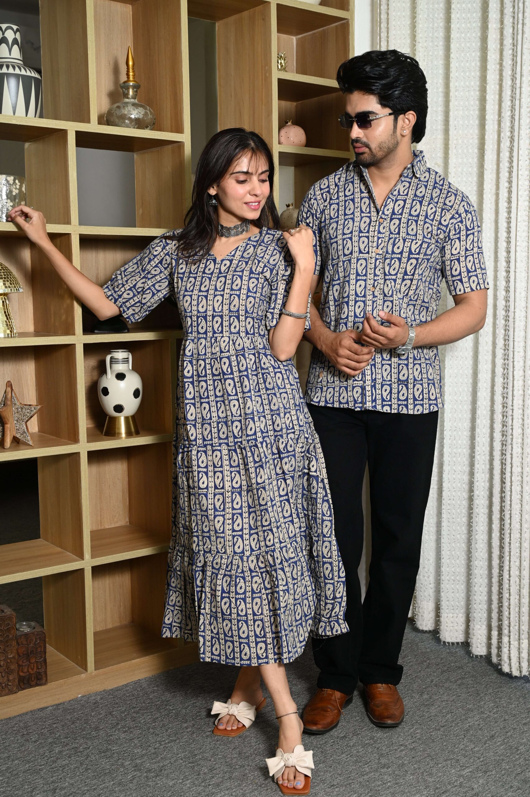 Couple Matching Navy Blue Cotton Anarkali Midi Dress and Shirt Set ? Paisley Block Print - Image 2